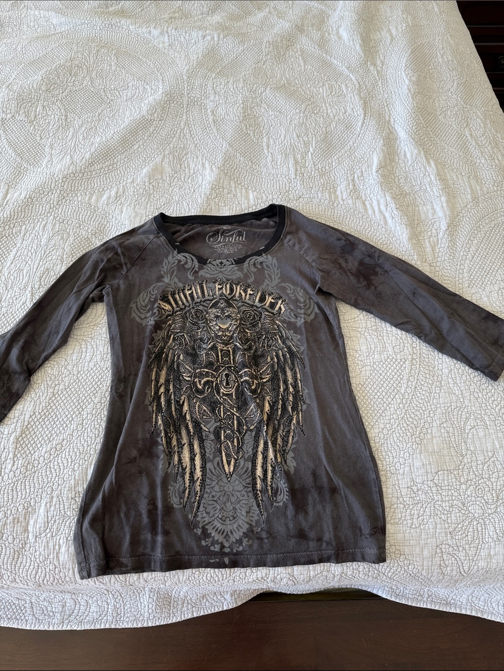 Sinful Girls' Charcoal Graphic Winged Long-Sleeve Top